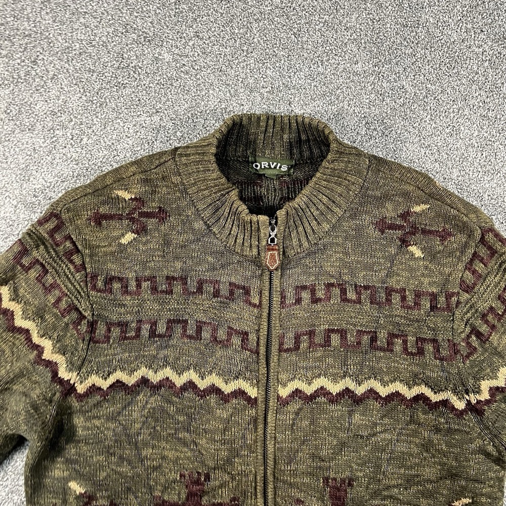 Orvis Sweater Mens Medium Green Southwestern Aztec Full Zip 100% Cotton Outdoor - Picture 2 of 6